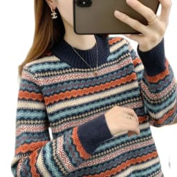 Half high collar women's sweater Autumn winter 2025 new loose pullover sweaters warm thicken stripe vintage ethnic style knitwea