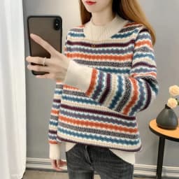 Half high collar women's sweater Autumn winter 2025 new loose pullover sweaters warm thicken stripe vintage ethnic style knitwea