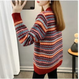 Half high collar women's sweater Autumn winter 2025 new loose pullover sweaters warm thicken stripe vintage ethnic style knitwea