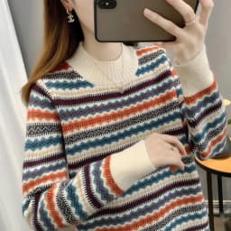 Half high collar women's sweater Autumn winter 2025 new loose pullover sweaters warm thicken stripe vintage ethnic style knitwea
