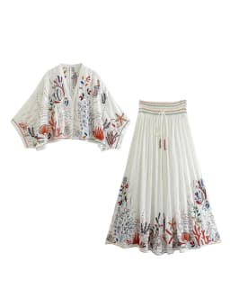 Marine Organism Embroidery Batwing Sleeve Summer Spring Maxi Skirt Set Cotton White Tassle Dress Set Outfits Button Suit