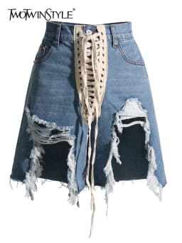 TWOTWINSTYLE Patchwork Ribbons Denim Shorts For Women High Waist Hollow Out Casual Streetwear Short Trousers Female Fashion 2022