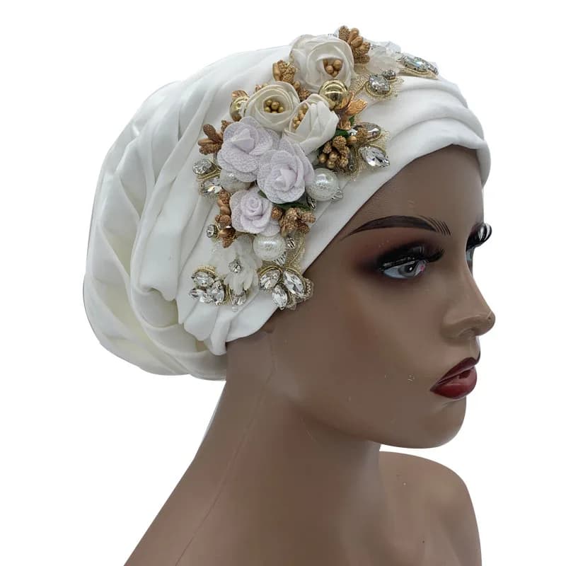 Luxury Rhinestone Flower Pleated Turban Cap Elegant Women's Head Wrap Headscarf Bonnet Female Party Headwear Hat Turbante
