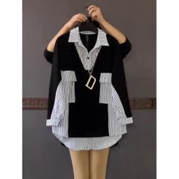 2024 Fashion Korean Striped Patchwork Shirt Female Casual Long Sleeve Loose Single-breasted Blouse Women's Clothing
