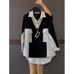 2024 Fashion Korean Striped Patchwork Shirt Female Casual Long Sleeve Loose Single-breasted Blouse Women's Clothing