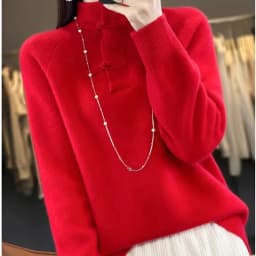 Women 100% Merino Wool Chinese Style Buckle Sweater Half-high Collar Knitted Basic Pullover Autumn Winter Thickening Soft Top