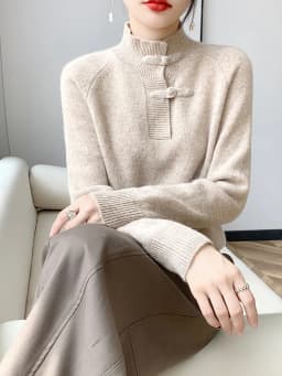 Women 100% Merino Wool Chinese Style Buckle Sweater Half-high Collar Knitted Basic Pullover Autumn Winter Thickening Soft Top