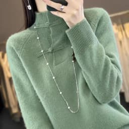 Women 100% Merino Wool Chinese Style Buckle Sweater Half-high Collar Knitted Basic Pullover Autumn Winter Thickening Soft Top