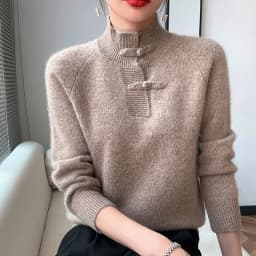 Women 100% Merino Wool Chinese Style Buckle Sweater Half-high Collar Knitted Basic Pullover Autumn Winter Thickening Soft Top