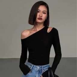 Fashion Skew Collar Off-shoulder Long-sleeved T-shirts Women Spring 2024 New Solid Slim Fit Crop Top Sexy Hollow Out Tees Shirts
