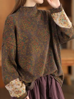 Amax LuluE 2024 Winter Fashion Turtleneck Sweaters Womens Classic Loose Floral Jumpers Females Vintage Leisure Printed Pullovers
