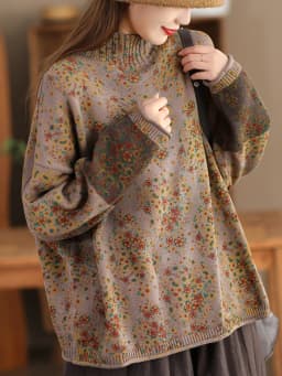 Amax LuluE 2024 Winter Fashion Turtleneck Sweaters Womens Classic Loose Floral Jumpers Females Vintage Leisure Printed Pullovers