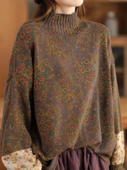 Amax LuluE 2024 Winter Fashion Turtleneck Sweaters Womens Classic Loose Floral Jumpers Females Vintage Leisure Printed Pullovers