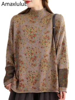 Amax LuluE 2024 Winter Fashion Turtleneck Sweaters Womens Classic Loose Floral Jumpers Females Vintage Leisure Printed Pullovers