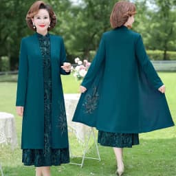 Spring Mom Windbreaker Dress Two Piece Set With Middle aged and Elderly Women's Autumn Dress, High end Long sleeved Dress Sets