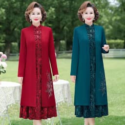 Spring Mom Windbreaker Dress Two Piece Set With Middle aged and Elderly Women's Autumn Dress, High end Long sleeved Dress Sets