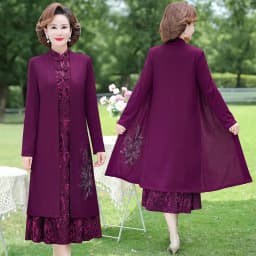 Spring Mom Windbreaker Dress Two Piece Set With Middle aged and Elderly Women's Autumn Dress, High end Long sleeved Dress Sets