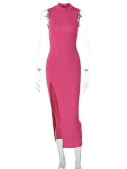 Rose Red New Year Christmas Party Long Dresses Women Spring Basic Bodycon Lace Stretch Slim Sleeveless High Slit Maxi Dress Y2k
