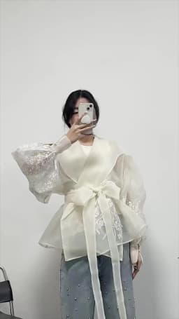 GALCAUR Minimalist Patchwork Lace Up Shirts For Women V Neck Lantern Sleeve Autumn Elegant Printing Colorblock Blouses Female