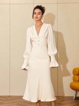 AEL Woman Autumn/Winter Fashion Elegant Sexy New V Nneck Long Sleeve High Waist Button Front Flounce Sleeve Dress