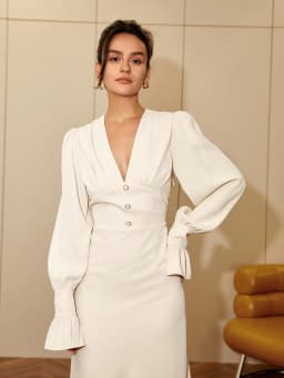 AEL Woman Autumn/Winter Fashion Elegant Sexy New V Nneck Long Sleeve High Waist Button Front Flounce Sleeve Dress