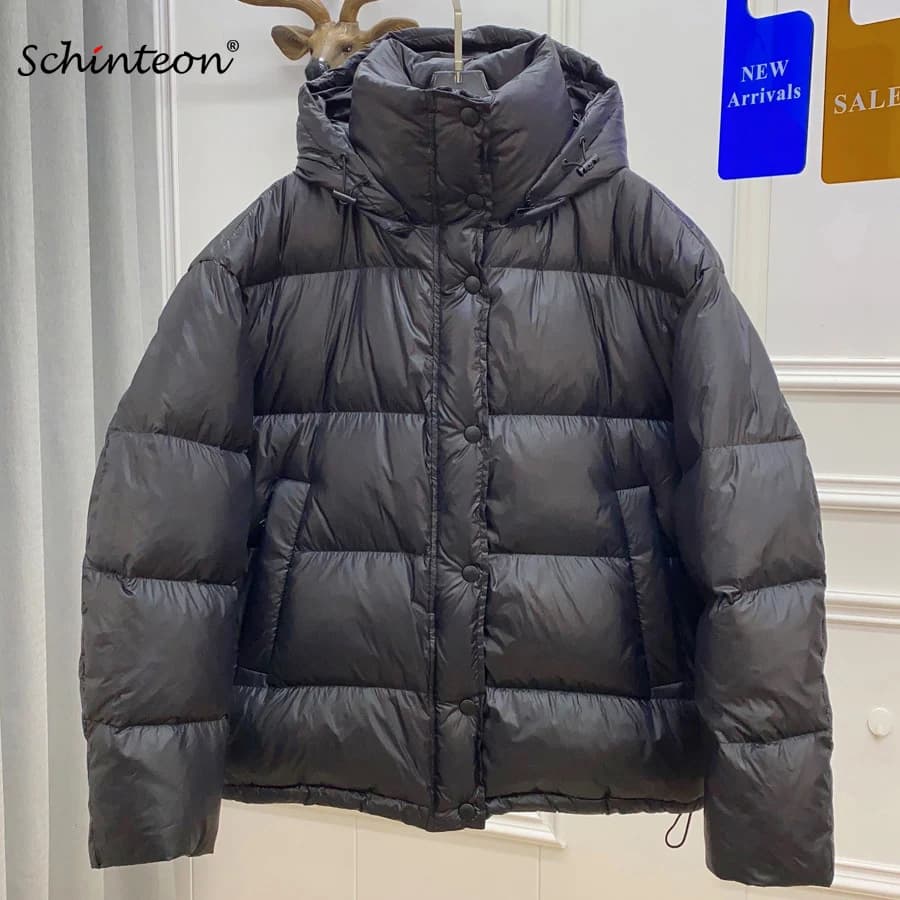 Schinteon Women White Duck Down Jacket with Removable Hood Warm Autumn Winter Outwear Simple Solid Color Casual Over Size Coat