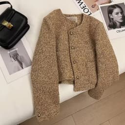 Plaid Woolen Jacket Pearl Buckle Short Coat Female Autumn And Winter Heavy Industry Houndstooth Striped Stitching Blazer Ladies