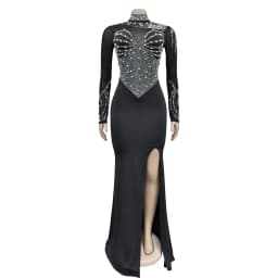 Women Dress Floor Length Dresses Mock Neck Mesh Diamond Slim Bodycon Sheath Splice Hot Drilling Elegant Gown Sexy Vestidos 2024