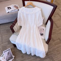170Kg Plus Size Women's Bust Summer Lace Sequins Sweet Style Dress Half Sleeve Turn-down Collar Dress White 7XL 8XL 9XL 10XL