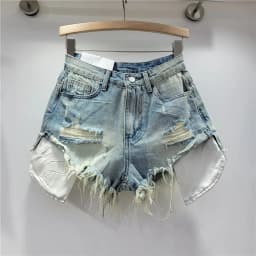 2026 Summer New Women's Pink Hole Denim Shorts High Waist Slimming Spicy Girl A-line Ragged Edge Shorts