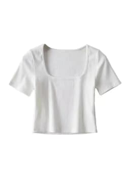 Women Square Neck Rib Crop T-shirt Short Sleeve Crop Top