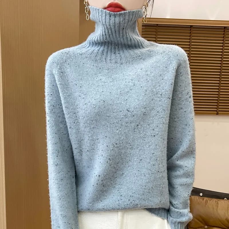 Autumn Winter 100% Merino Wool Soft Thickening Sweater Women High Lapel Colorful Yarn Pullover Basis Casual Cashmere Knit Tops