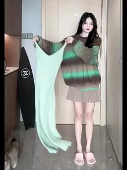 2025 Spring Autumn New Fashion Loose Long Sweater Knitted Cardigan Elegant Dress And Sweater Set for Women Two-Piece Set Green