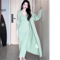 2025 Spring Autumn New Fashion Loose Long Sweater Knitted Cardigan Elegant Dress And Sweater Set for Women Two-Piece Set Green