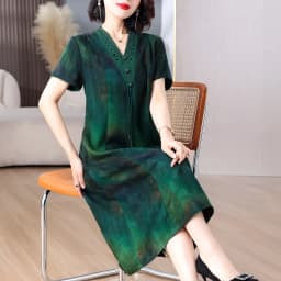 Women Green Jacquard Silk Dress Summer New Short Sleeve Elegant Luxury Evening Dress 2025 Korean Vintage Festival Dresses