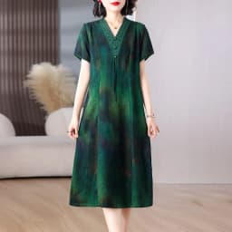 Women Green Jacquard Silk Dress Summer New Short Sleeve Elegant Luxury Evening Dress 2025 Korean Vintage Festival Dresses