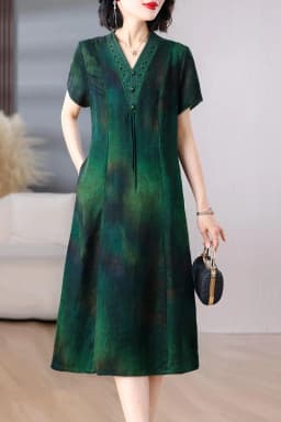 Women Green Jacquard Silk Dress Summer New Short Sleeve Elegant Luxury Evening Dress 2025 Korean Vintage Festival Dresses