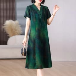 Women Green Jacquard Silk Dress Summer New Short Sleeve Elegant Luxury Evening Dress 2025 Korean Vintage Festival Dresses