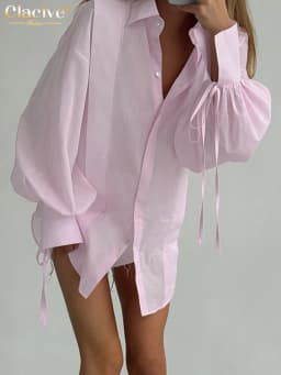 Clacive Fashion Loose Pink Cotton Women Shirts 2024 Casual Lapel Long Sleeve Blouse Elegant Classic Lace-Up Top Female Clothing