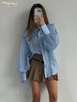 Clacive Fashion Loose Pink Cotton Women Shirts 2024 Casual Lapel Long Sleeve Blouse Elegant Classic Lace-Up Top Female Clothing