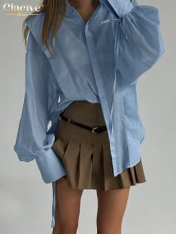 Clacive Fashion Loose Pink Cotton Women Shirts 2024 Casual Lapel Long Sleeve Blouse Elegant Classic Lace-Up Top Female Clothing