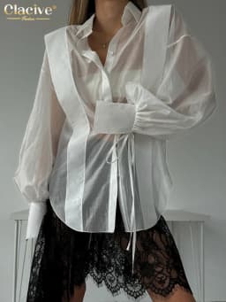 Clacive Fashion Loose Pink Cotton Women Shirts 2024 Casual Lapel Long Sleeve Blouse Elegant Classic Lace-Up Top Female Clothing