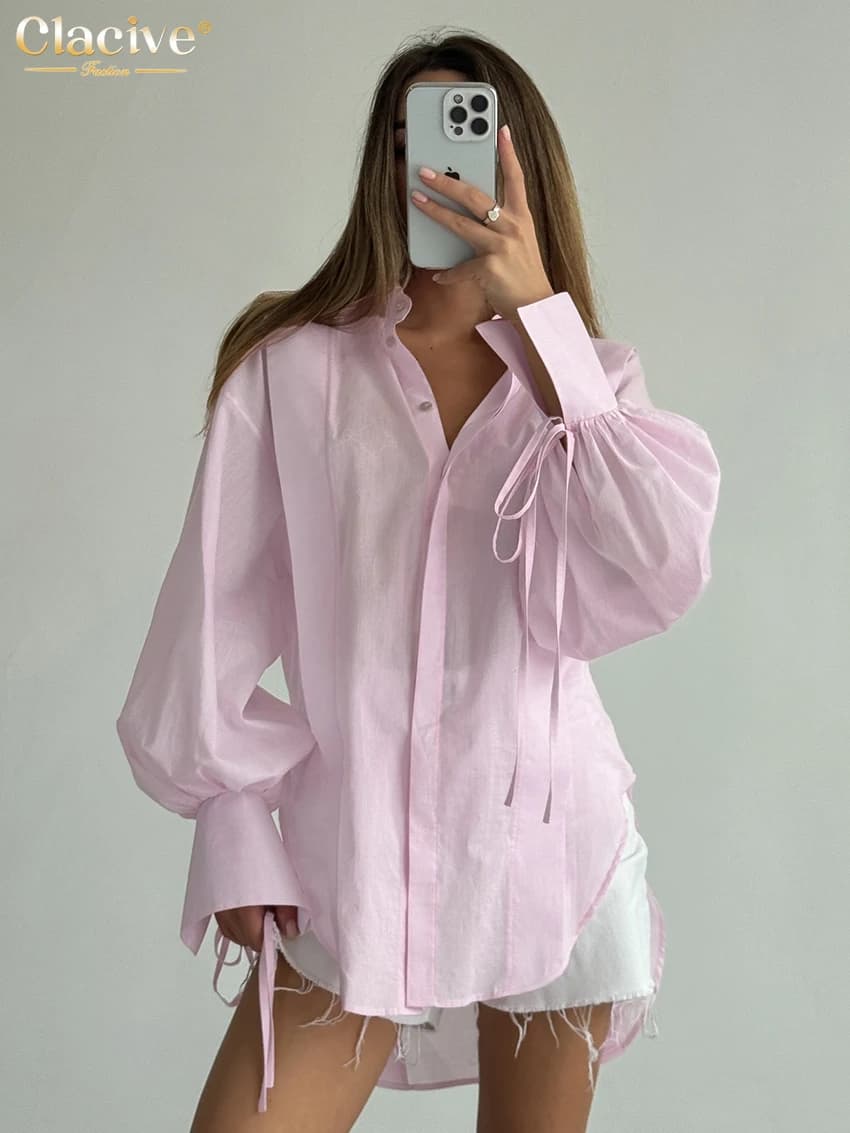 Clacive Fashion Loose Pink Cotton Women Shirts 2024 Casual Lapel Long Sleeve Blouse Elegant Classic Lace-Up Top Female Clothing