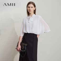 Amii Minimalism Stand-up Neck Chiffon Shirt for Women 2026 Summer Solid Straps Horn Sleeves Loose Elegant Commute Top 12522087
