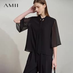 Amii Minimalism Stand-up Neck Chiffon Shirt for Women 2026 Summer Solid Straps Horn Sleeves Loose Elegant Commute Top 12522087