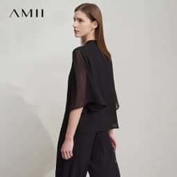 Amii Minimalism Stand-up Neck Chiffon Shirt for Women 2026 Summer Solid Straps Horn Sleeves Loose Elegant Commute Top 12522087
