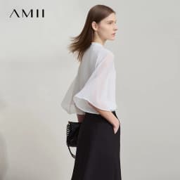 Amii Minimalism Stand-up Neck Chiffon Shirt for Women 2026 Summer Solid Straps Horn Sleeves Loose Elegant Commute Top 12522087