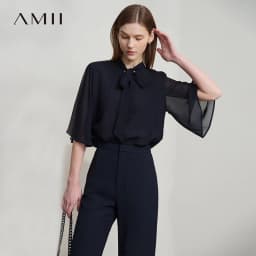 Amii Minimalism Stand-up Neck Chiffon Shirt for Women 2026 Summer Solid Straps Horn Sleeves Loose Elegant Commute Top 12522087