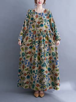 Long Sleeve O-Neck Floral Vintage Spring Autumn Blue Dresses For Women 2026 Casual Loose Elegant Office Lady Dress Femme Clothes