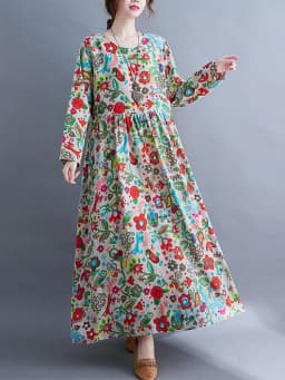 Long Sleeve O-Neck Floral Vintage Spring Autumn Blue Dresses For Women 2026 Casual Loose Elegant Office Lady Dress Femme Clothes